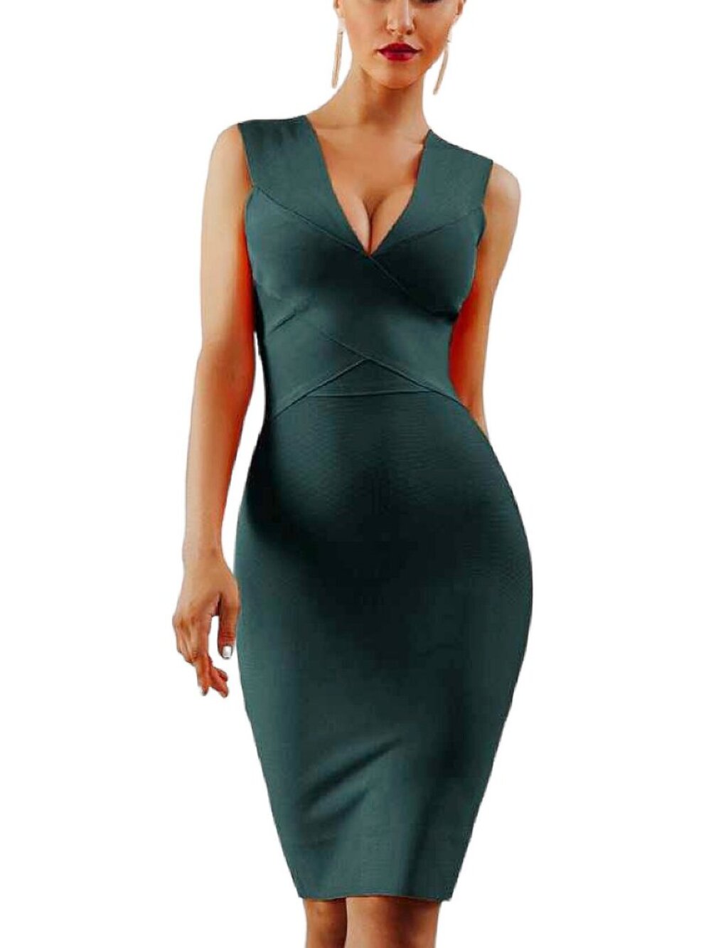Hunter Green Premium Bandage Bodycon Midi Dress Figure-Flattering Fit | Size S